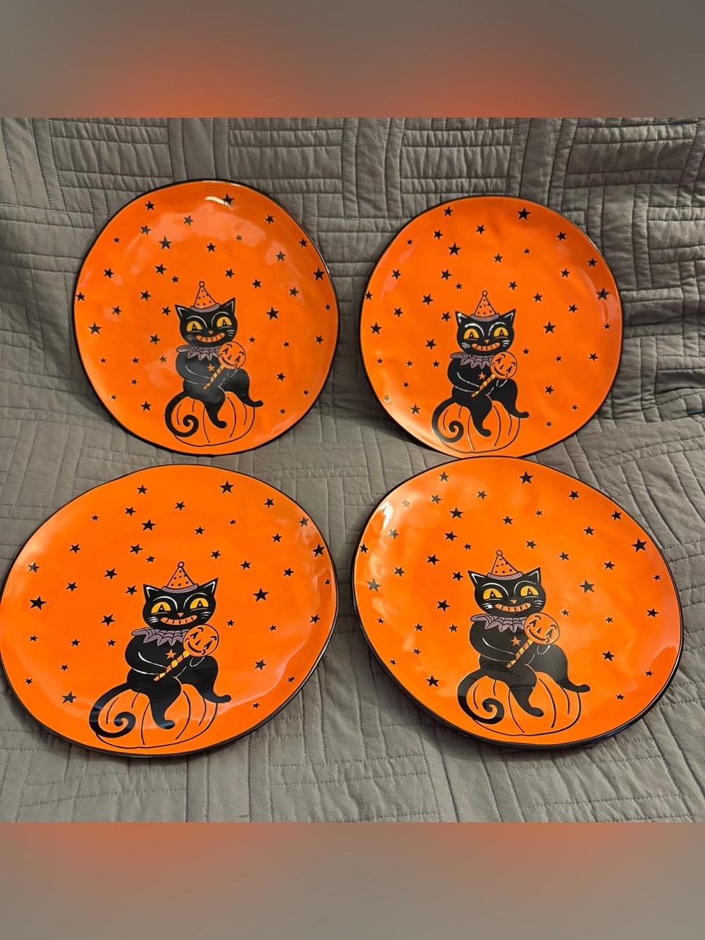 Set of 4 Eli + Ana Retro Yesteryears Black Cat 11" Dinner Plate HALLOWEEN